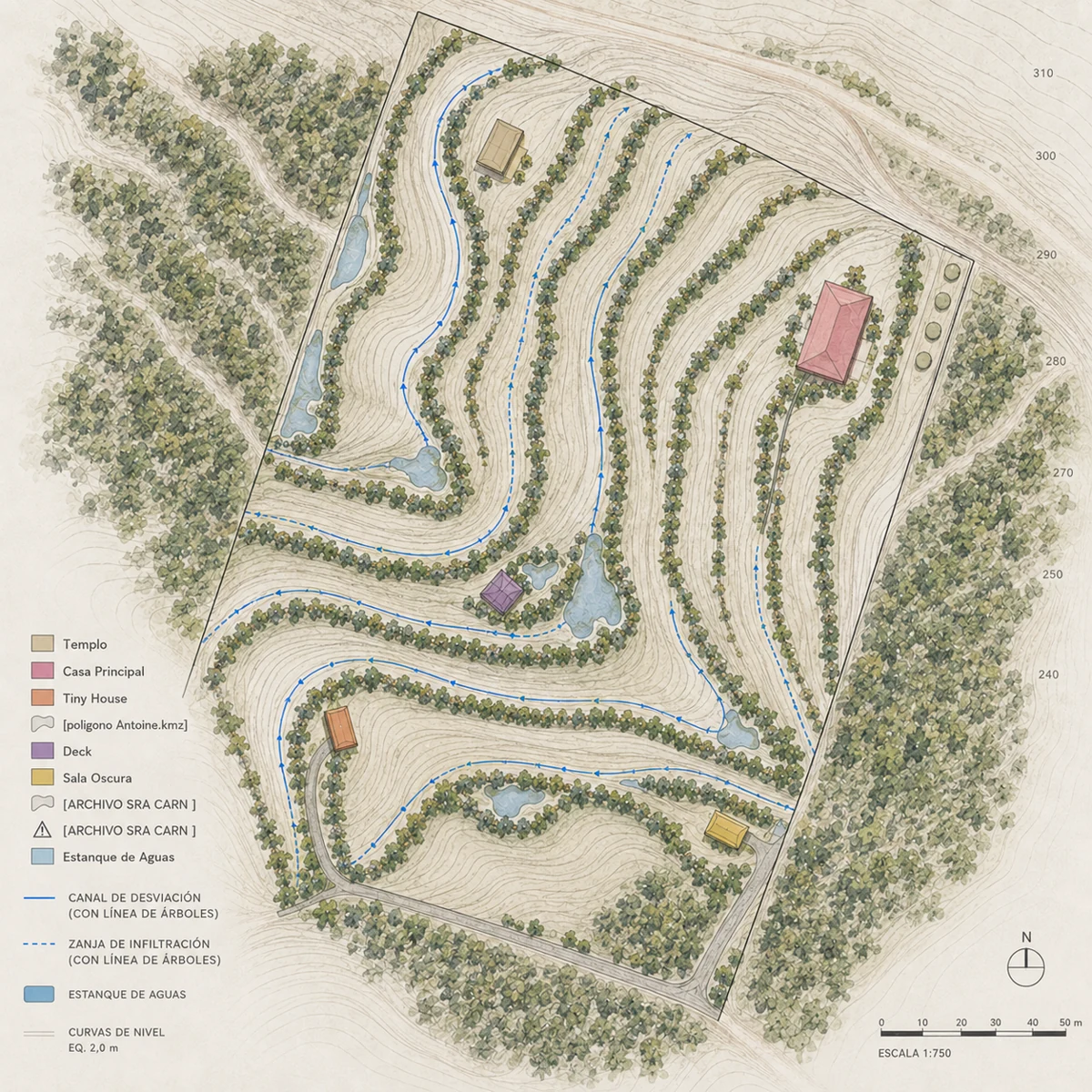 Diseño de canales de desviación y humedales en una ladera erosionada de Puyai