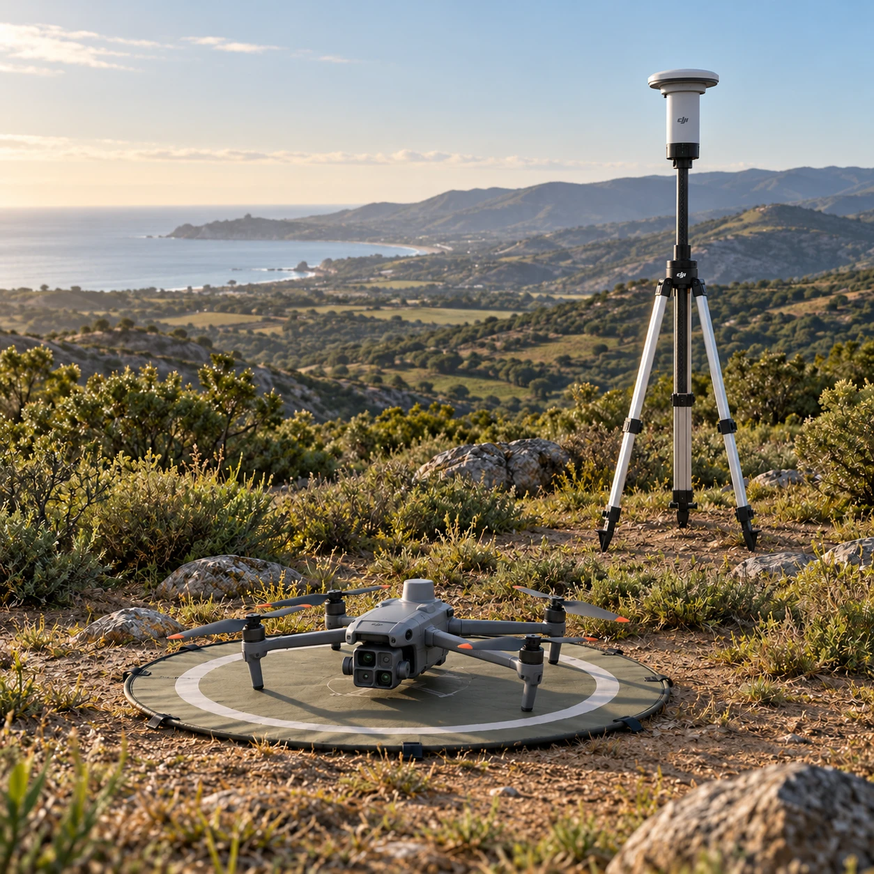 Ilustración de un dron de levantamiento y una estación RTK en terreno