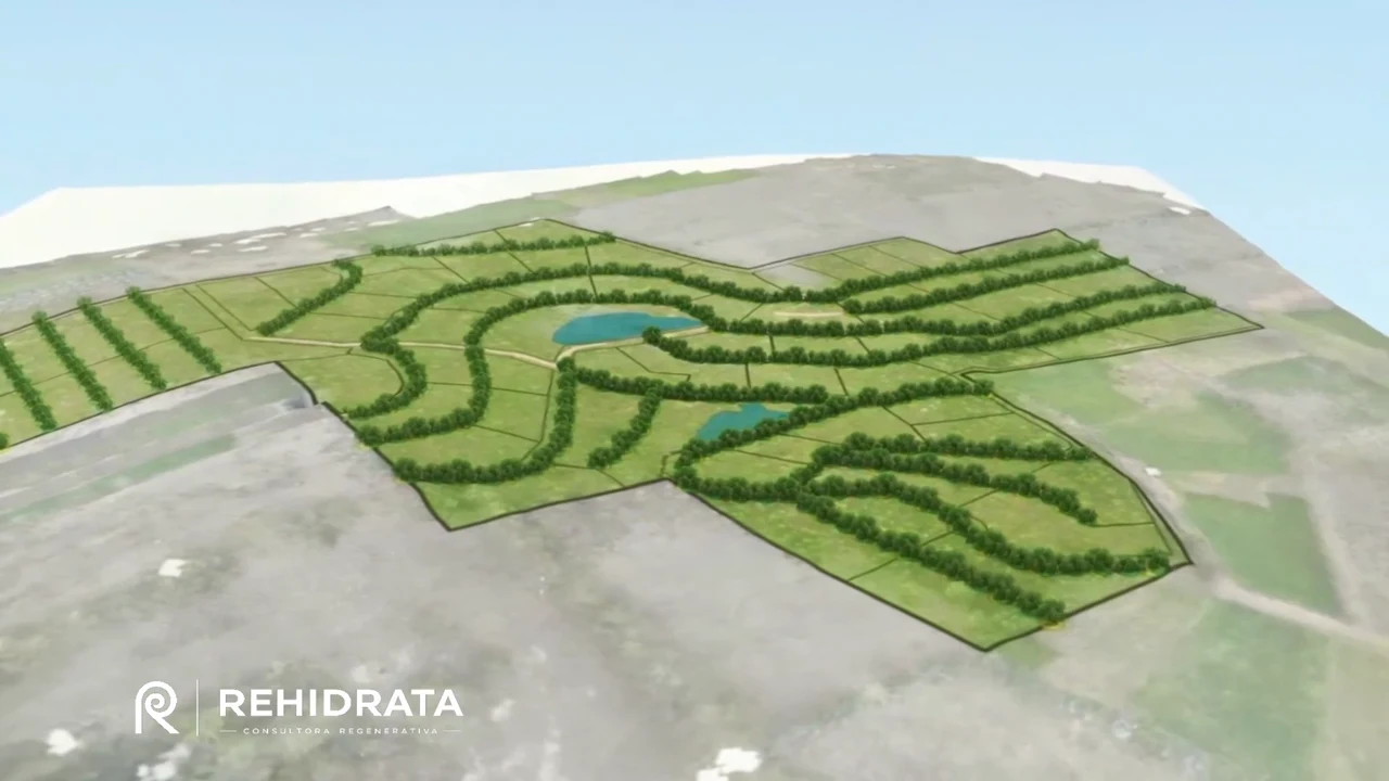 Modelo de subdivisión regenerativa con caminos, agua y sistemas agroforestales